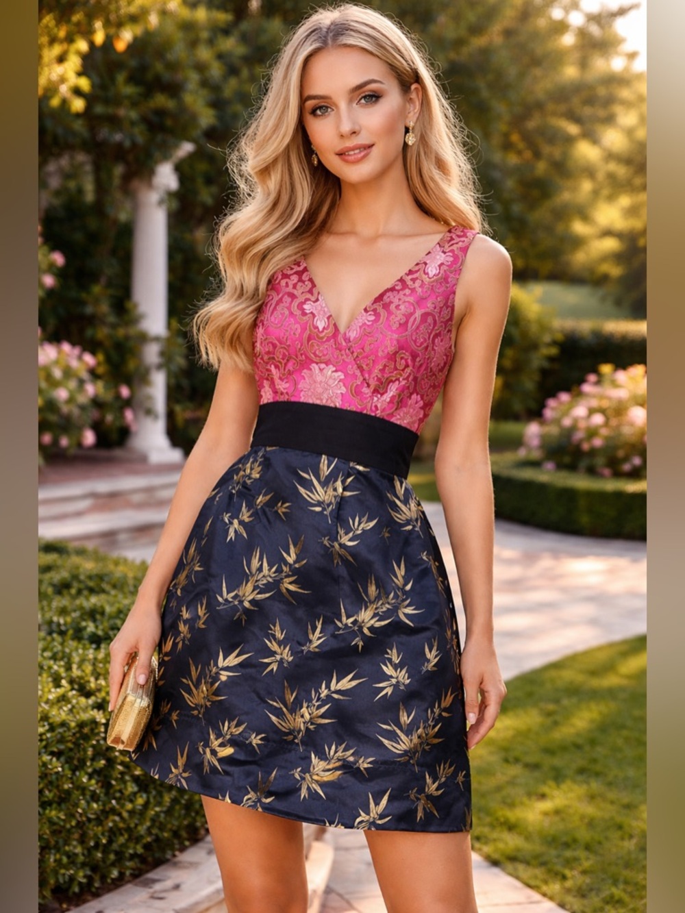 Phoebe Couture Pink Navy Gold Asian Inspired Dress Size 12 Sleeveless Romantic